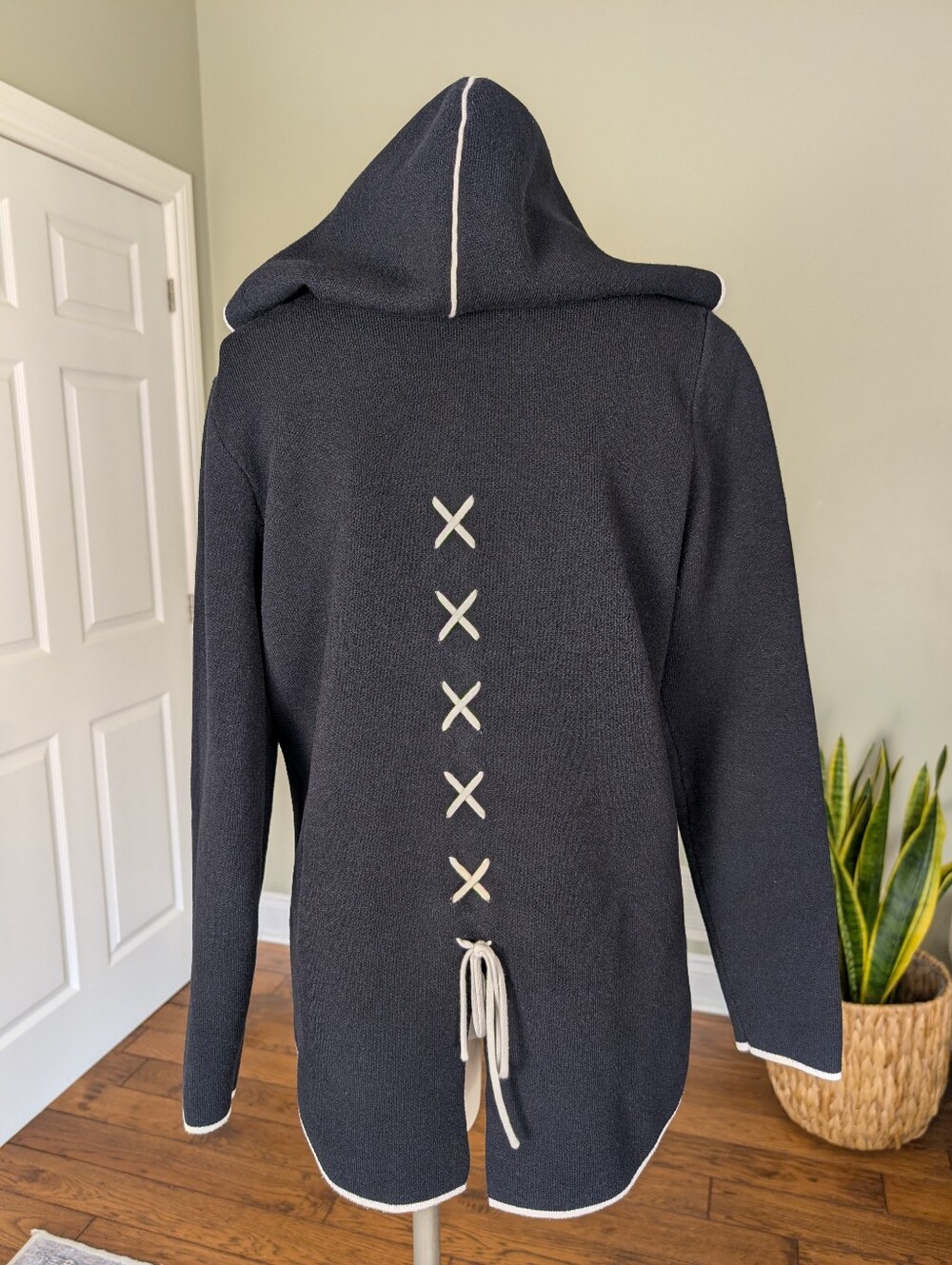 Linea Domani Black White Hooded Cardigan Sweater Coat Minimalist Size M